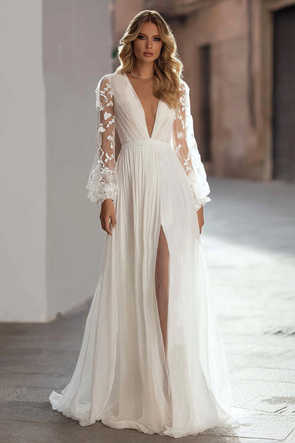 Ivory Pleated Long Sleeve A Line Wedding Dress