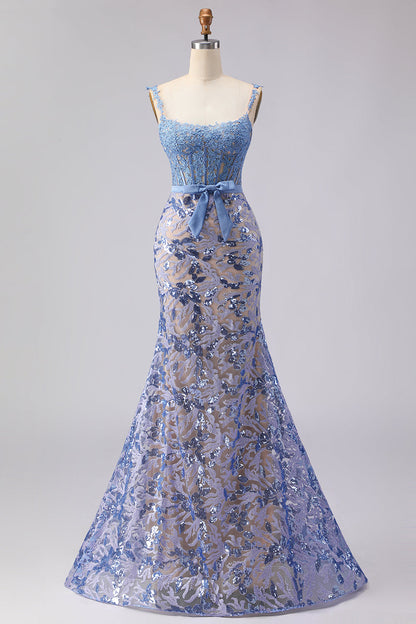 Beaded Grey Blue Mermaid Corset Sequin Long Prom Dress with Bow