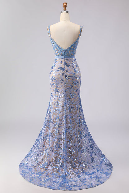 Beaded Grey Blue Mermaid Corset Sequin Long Prom Dress with Bow