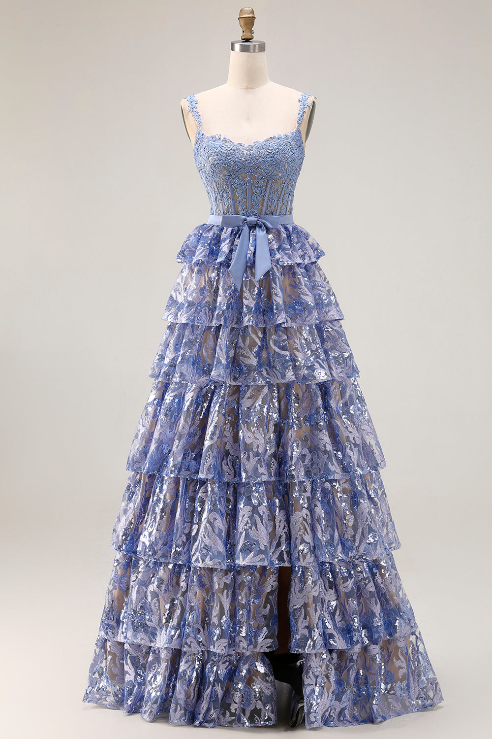 Grey Blue A-Line Tiered Sequin Beaded Corset Long Prom Dress with Slit