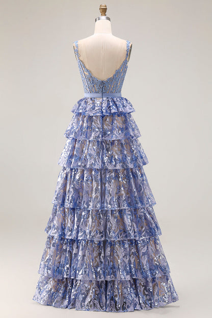 Grey Blue A-Line Tiered Sequin Beaded Corset Long Prom Dress with Slit