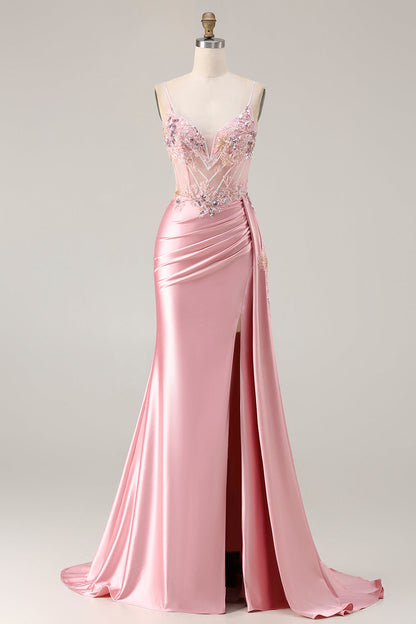 Pink Mermaid Beaded Corset Satin Long Prom Dress with Side Drape