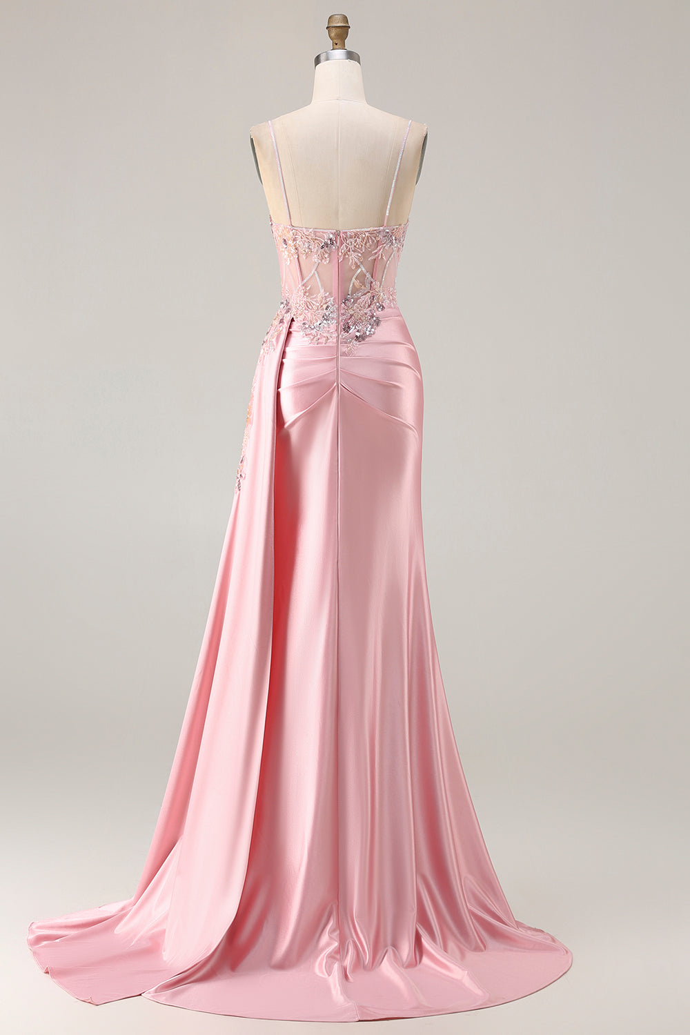 Pink Mermaid Beaded Corset Satin Long Prom Dress with Side Drape