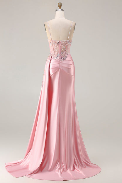 Pink Mermaid Beaded Corset Satin Long Prom Dress with Side Drape