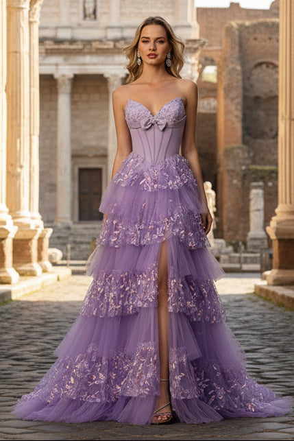 Purple Sweetheart A Line Corset Tiered Ruffle Long Prom Dress with Sequins