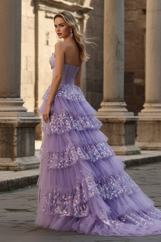 Purple Sweetheart A Line Corset Tiered Ruffle Long Prom Dress with Sequins