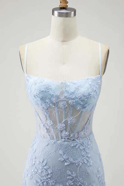 Purple Mermaid Spaghetti Straps Sheer Corset Lace Beaded Long Prom Dress with Slit