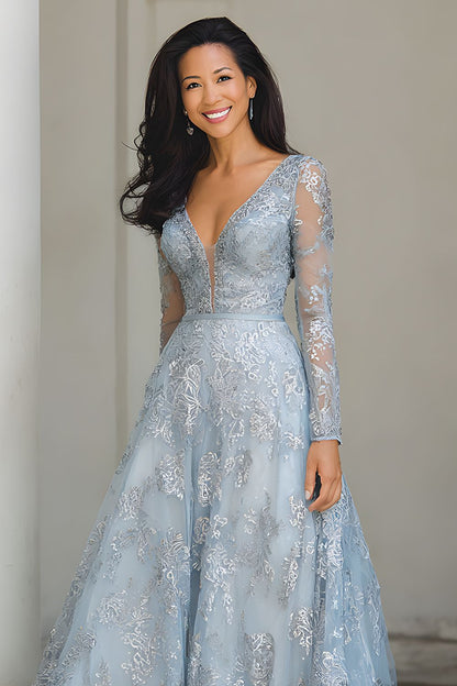 Silver A Line V-Neck Long Mother of the Bride Dress with Appliques