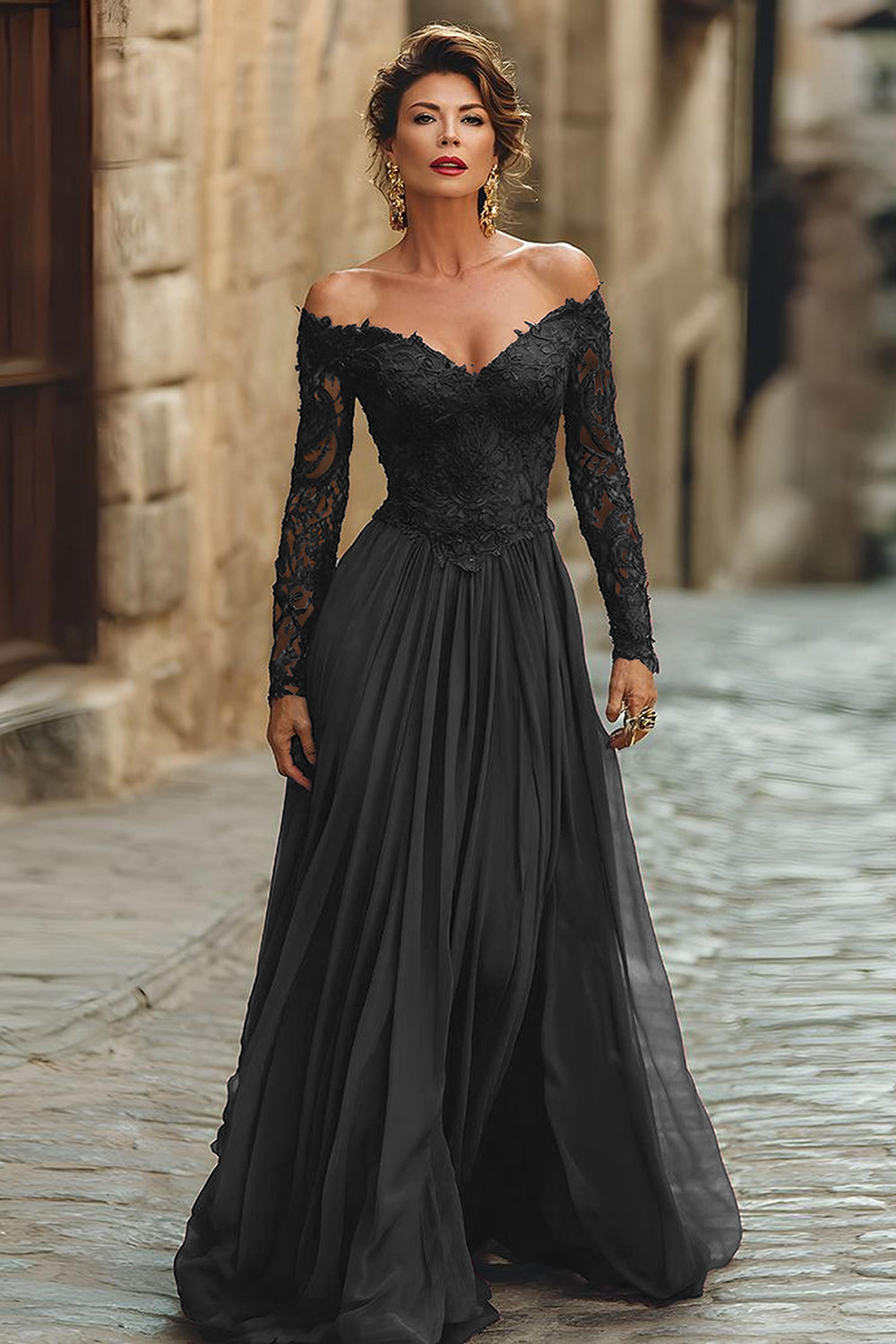 A Line Cabernet Off the Shoulder Maxi Mother of the Bride Dress with Lace