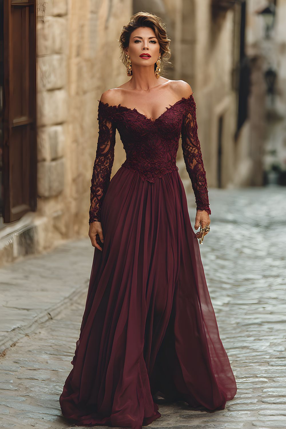 A Line Cabernet Off the Shoulder Maxi Mother of the Bride Dress with Lace