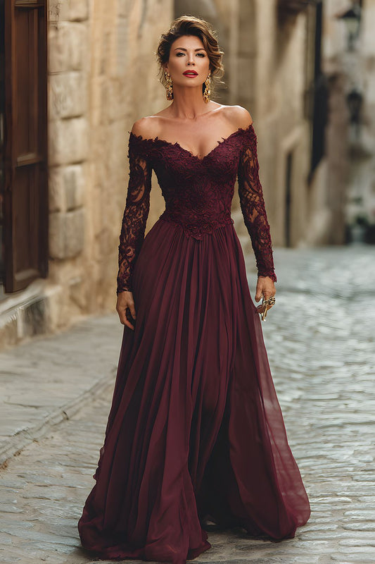 A Line Cabernet Off the Shoulder Maxi Mother of the Bride Dress with Lace
