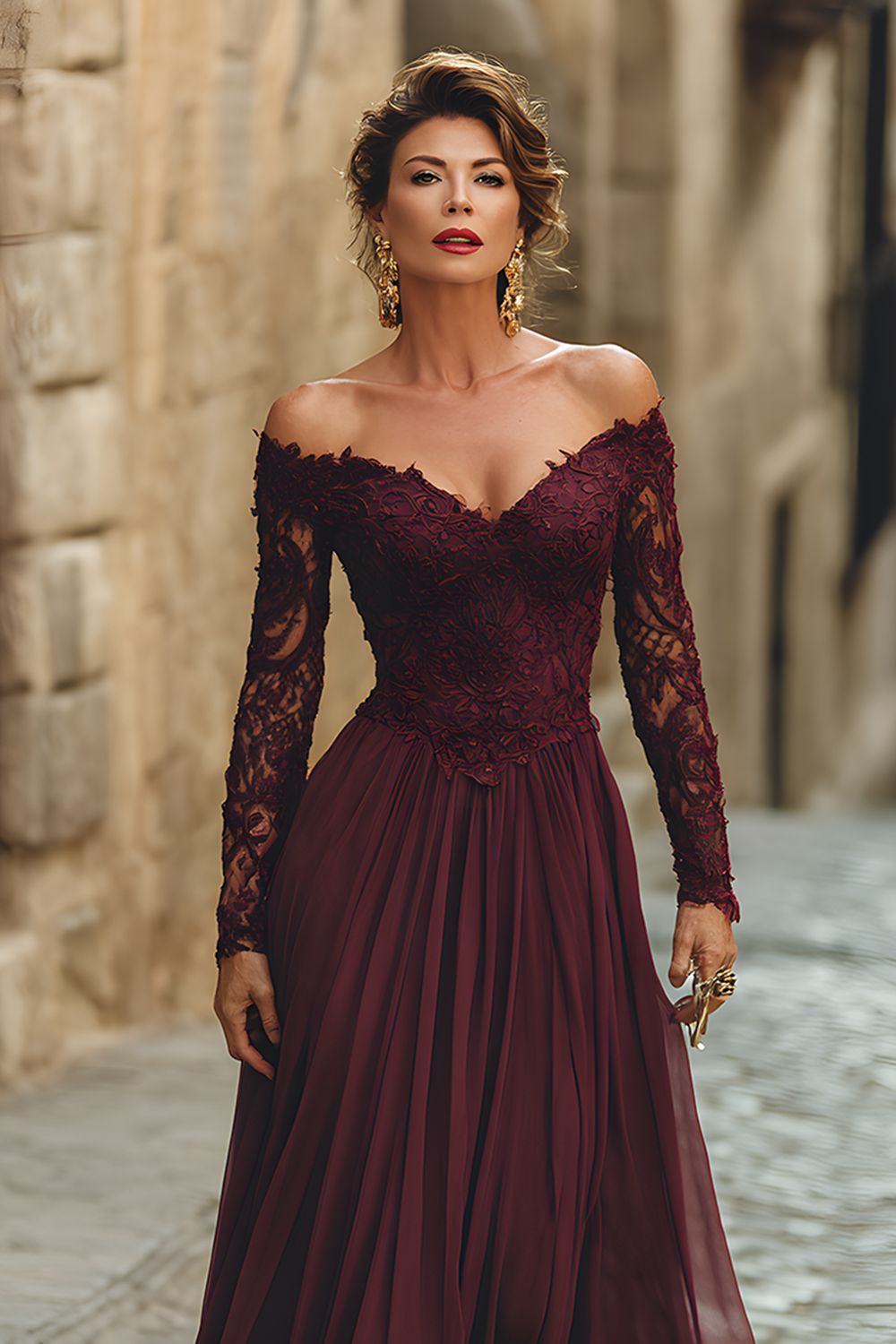 A Line Cabernet Off the Shoulder Maxi Mother of the Bride Dress with Lace