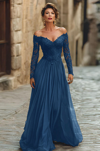 A Line Cabernet Off the Shoulder Maxi Mother of the Bride Dress with Lace