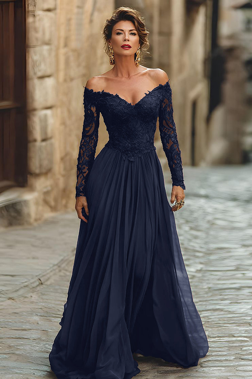 A Line Cabernet Off the Shoulder Maxi Mother of the Bride Dress with Lace
