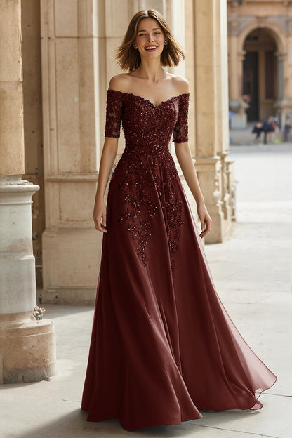 Pine A-Line Off The Shoulder Appliqued Mother Of Bride Dress