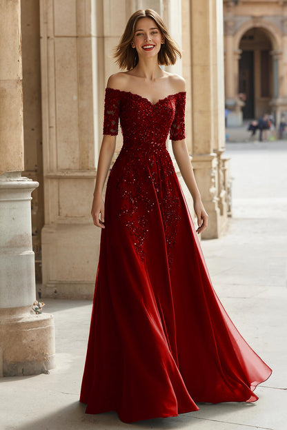 Pine A-Line Off The Shoulder Appliqued Mother Of Bride Dress