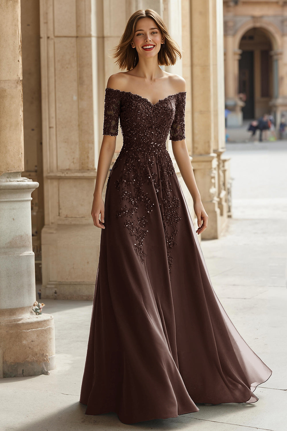 Pine A-Line Off The Shoulder Appliqued Mother Of Bride Dress