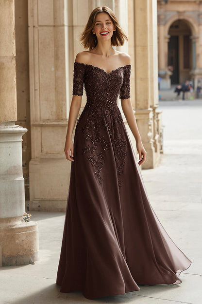 Pine A-Line Off The Shoulder Appliqued Mother Of Bride Dress
