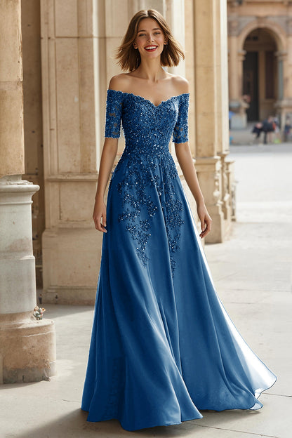 Pine A-Line Off The Shoulder Appliqued Mother Of Bride Dress