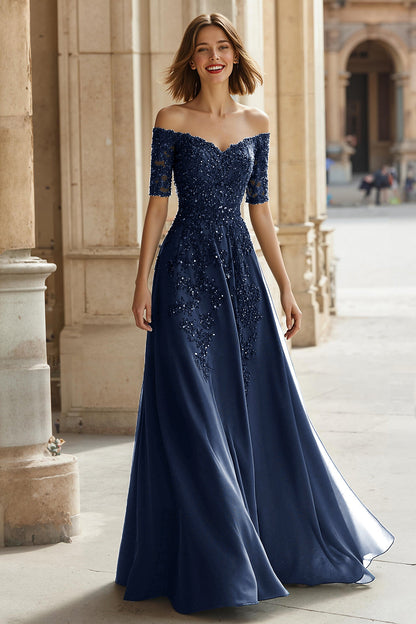 Pine A-Line Off The Shoulder Appliqued Mother Of Bride Dress