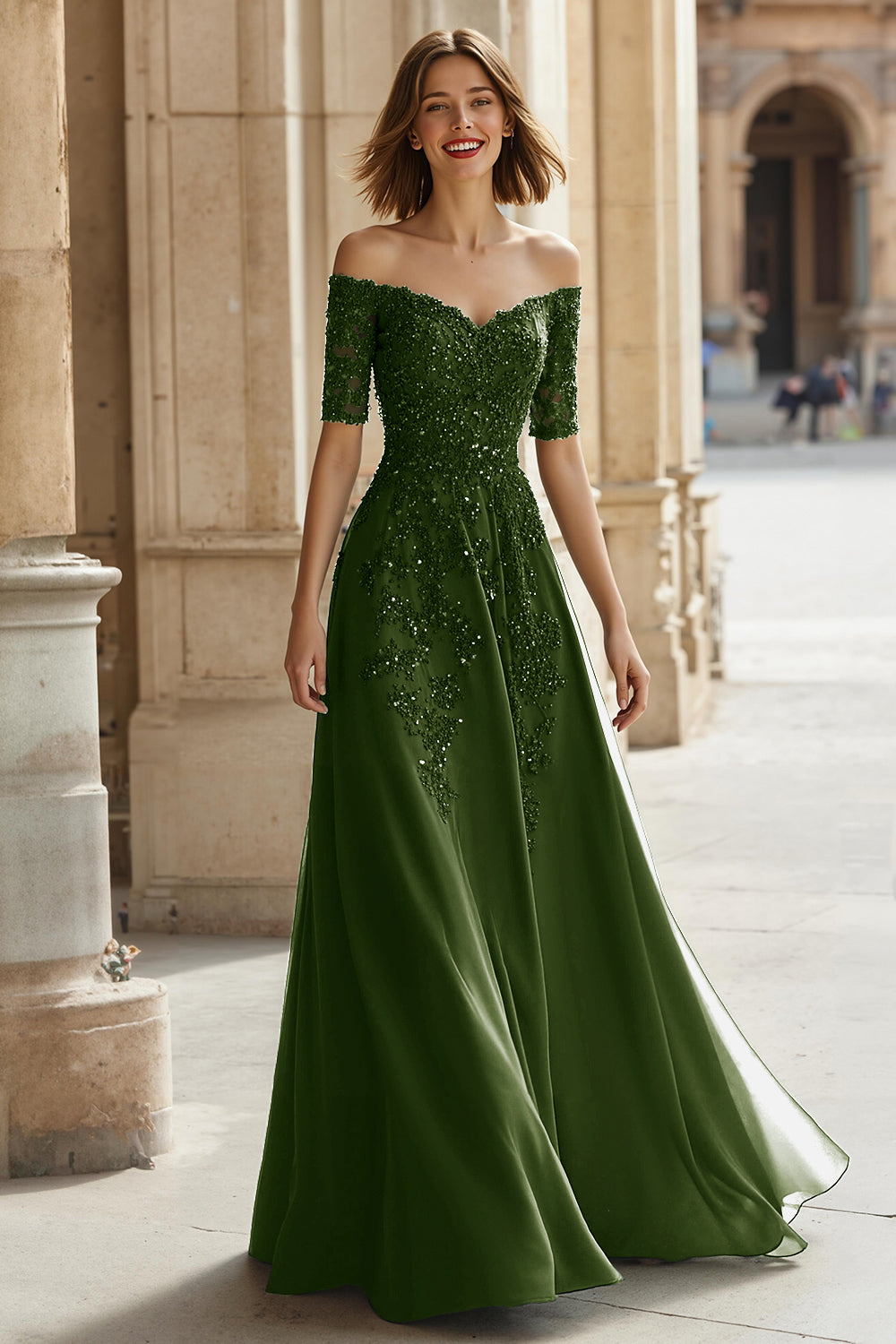 Pine A-Line Off The Shoulder Appliqued Mother Of Bride Dress