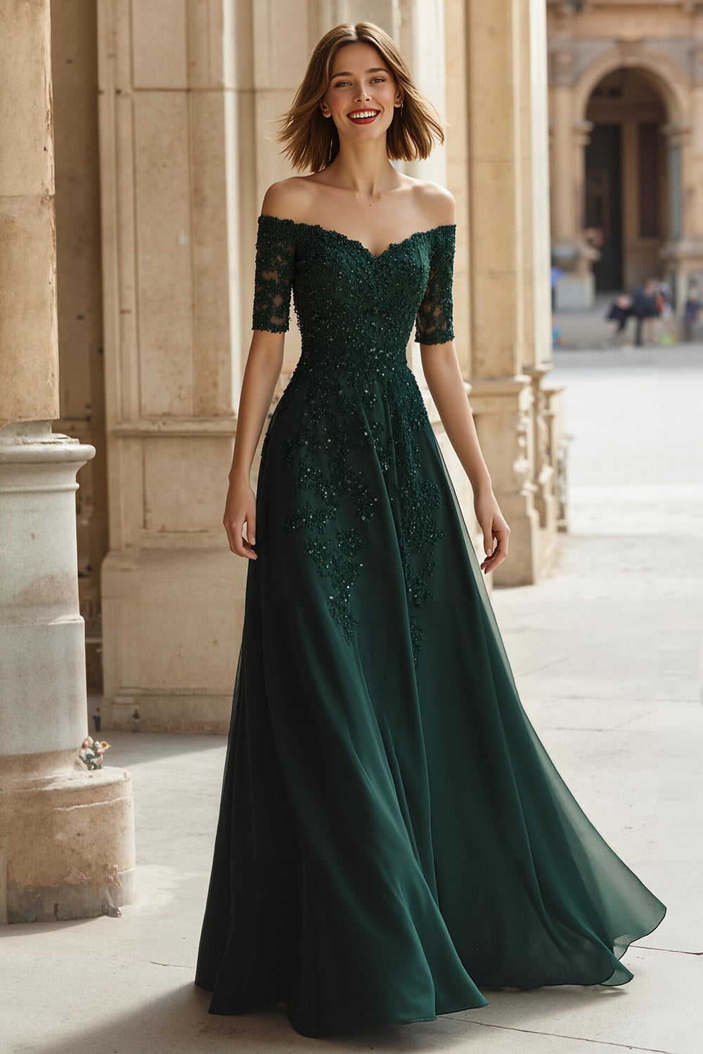 Pine A-Line Off The Shoulder Appliqued Mother Of Bride Dress