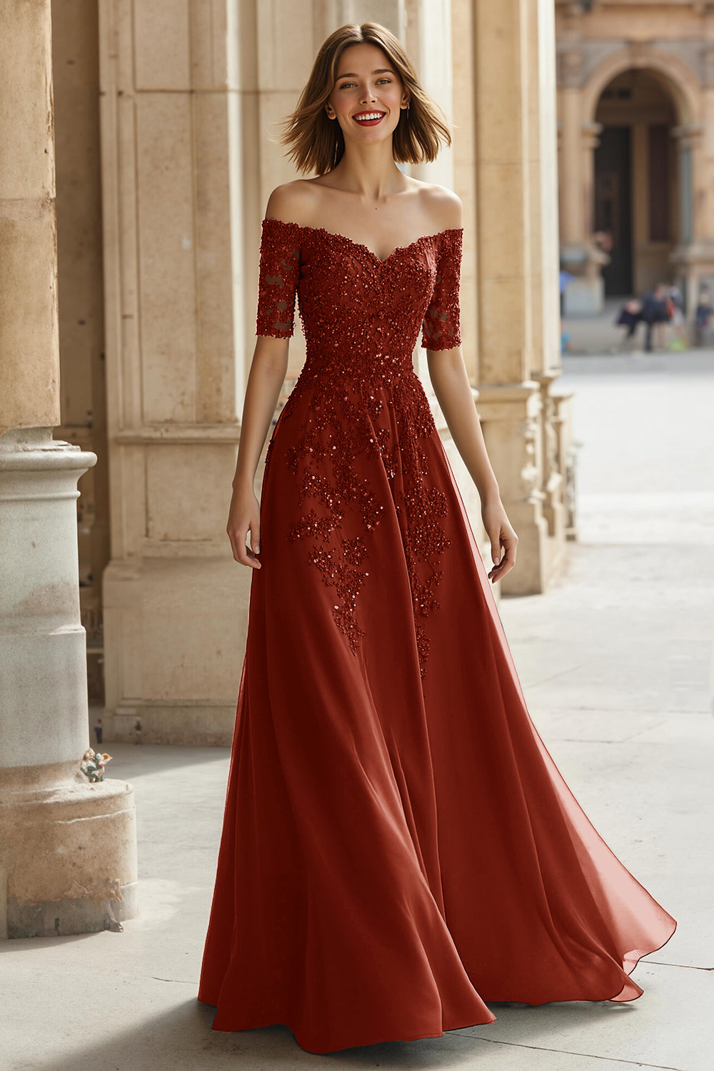 Pine A-Line Off The Shoulder Appliqued Mother Of Bride Dress