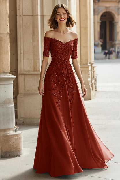 Pine A-Line Off The Shoulder Appliqued Mother Of Bride Dress