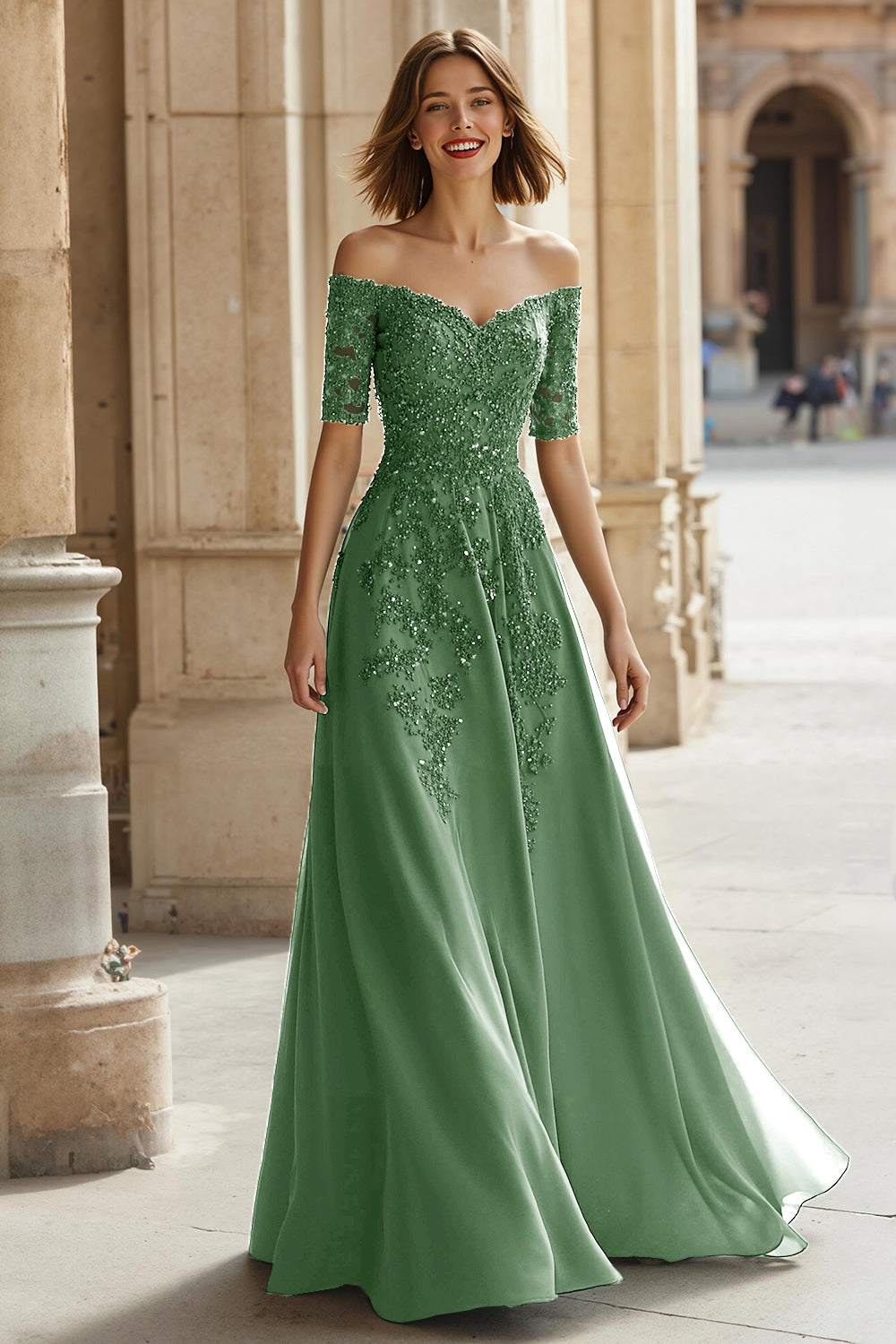 Pine A-Line Off The Shoulder Appliqued Mother Of Bride Dress