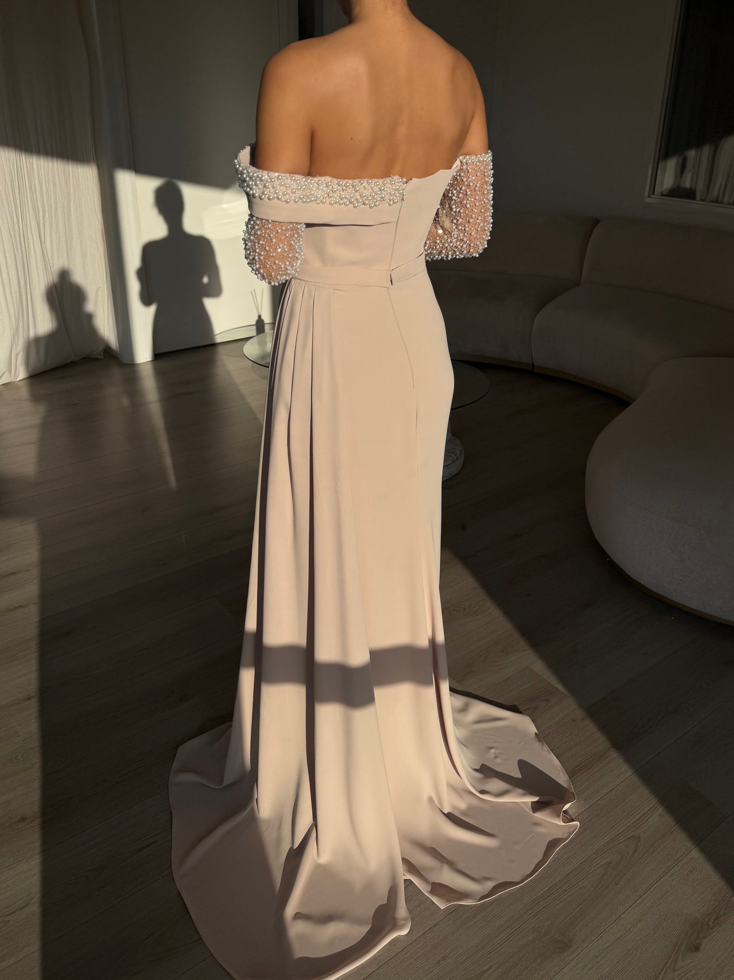 Brown Off Shoulder Long Sleeve Beaded Ruched Mermaid Evening Gown