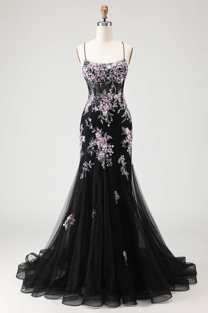 Flower Mermaid Sequins Corset Beaded Long Prom Dress with Lace Up Back