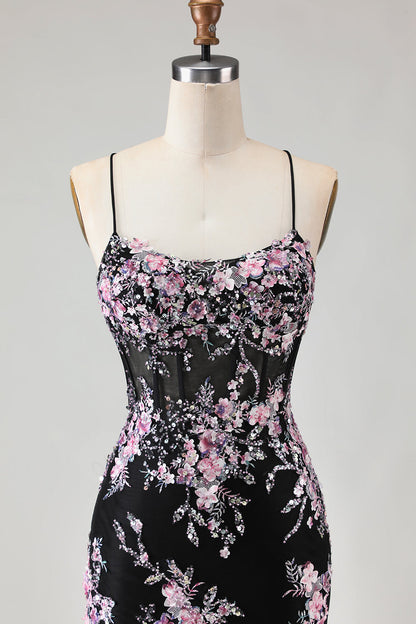 Flower Mermaid Sequins Corset Beaded Long Prom Dress with Lace Up Back