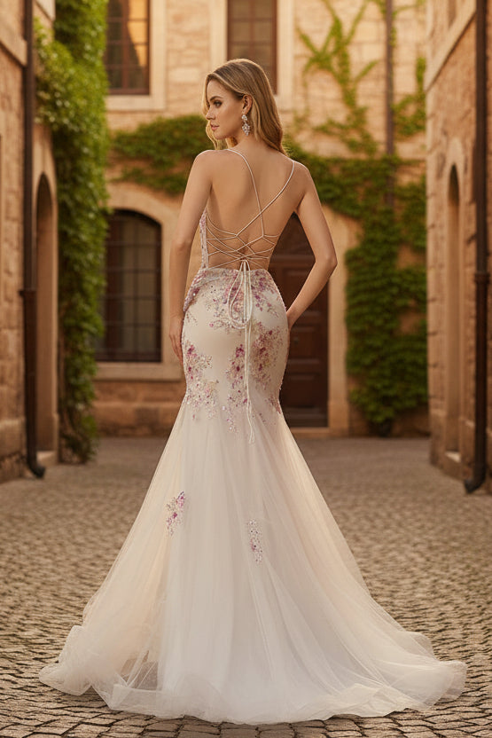 Flower Mermaid Sequins Corset Beaded Long Prom Dress with Lace Up Back
