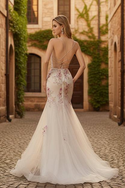 Flower Mermaid Sequins Corset Beaded Long Prom Dress with Lace Up Back