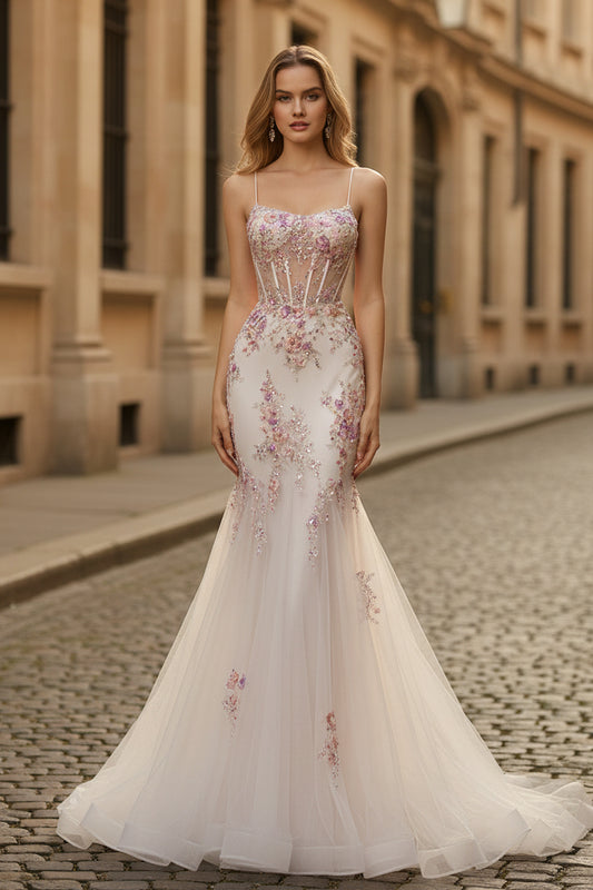 Flower Mermaid Sequins Corset Beaded Long Prom Dress with Lace Up Back