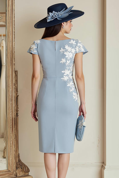 Dusty Blue Appliqued Sheath Midi Mother Of The Bride Dress with Cap Sleeves