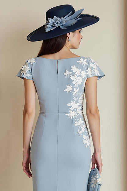 Dusty Blue Appliqued Sheath Midi Mother Of The Bride Dress with Cap Sleeves