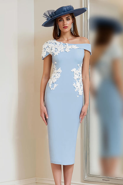 Light Blue One Shoulder Appliqued Sheath Mother Of The Bride Dress