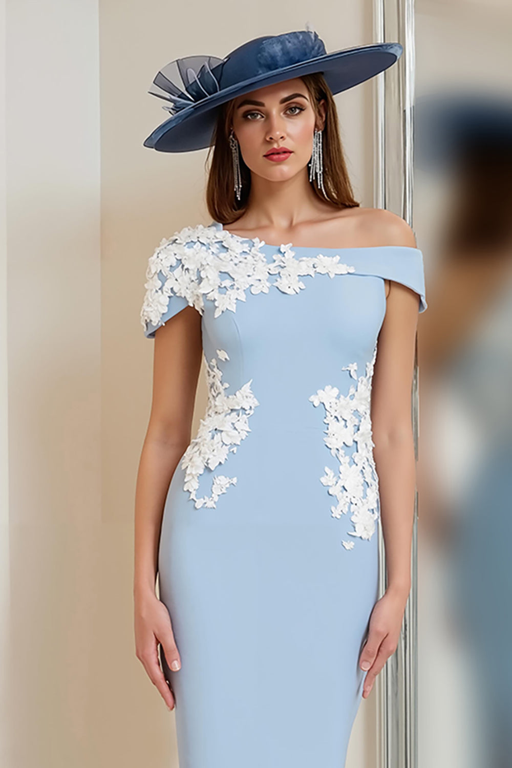 Light Blue One Shoulder Appliqued Sheath Mother Of The Bride Dress