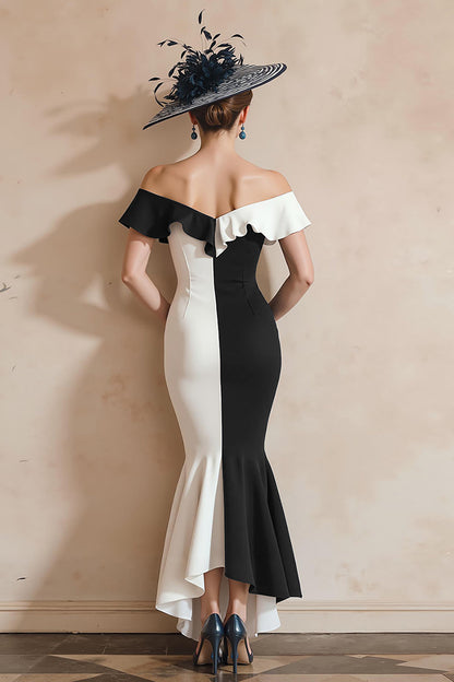 Black and White Mermaid Off the Shoulder Midi Mother of the Bride Dress