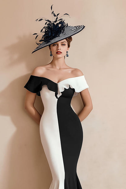 Black and White Mermaid Off the Shoulder Midi Mother of the Bride Dress