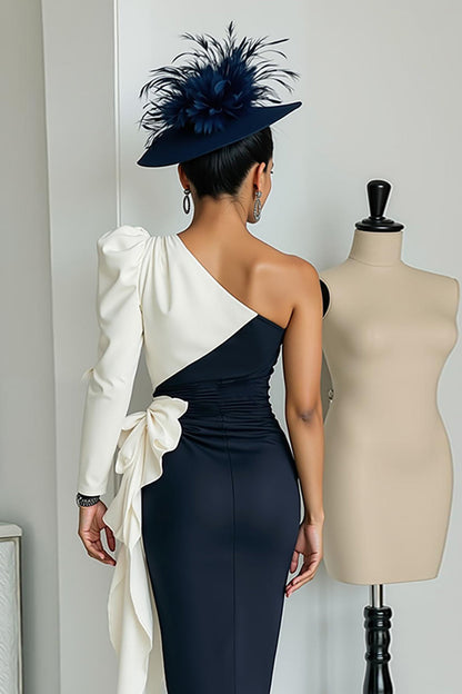 Black and White One Shoulder Midi Mother of the Bride Dress with Sleeves