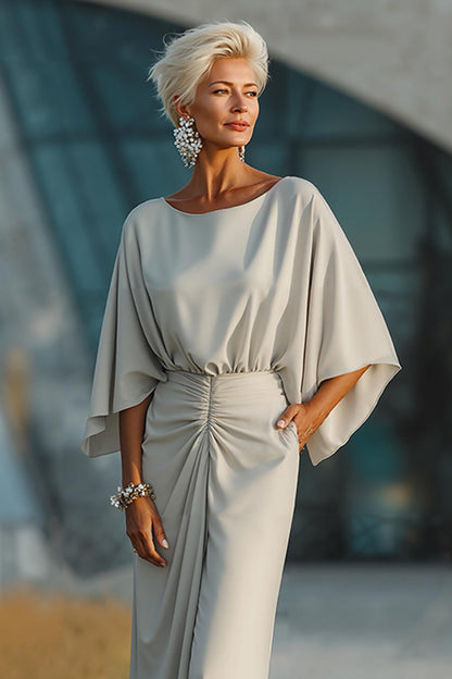 Silver Sheath Boat Neck Ruched Long Mother of the Bride Dress with Pocket