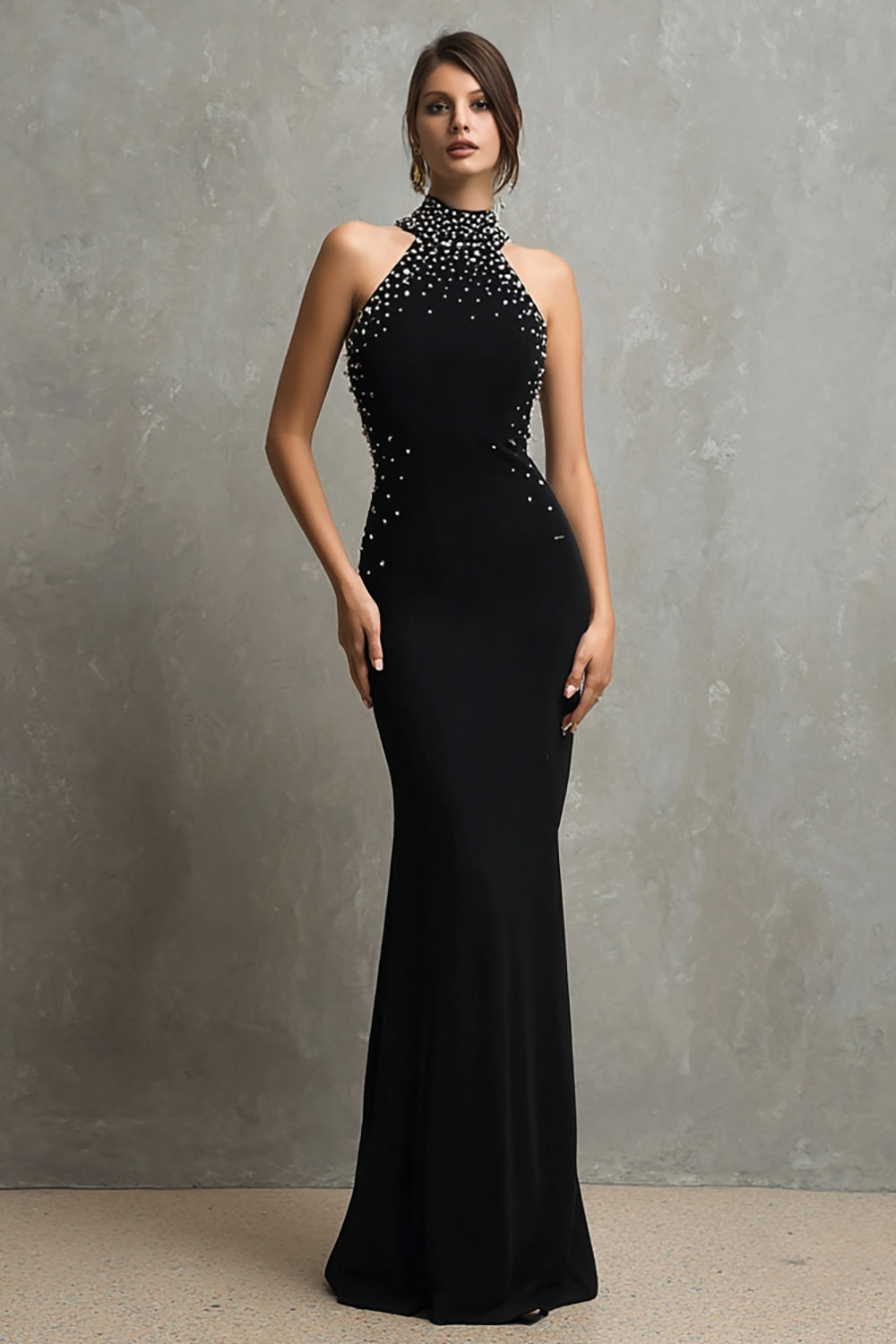 Beaded Black Sheath Halter Long Formal Dress