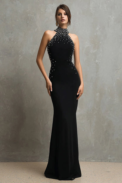 Beaded Black Sheath Halter Long Formal Dress