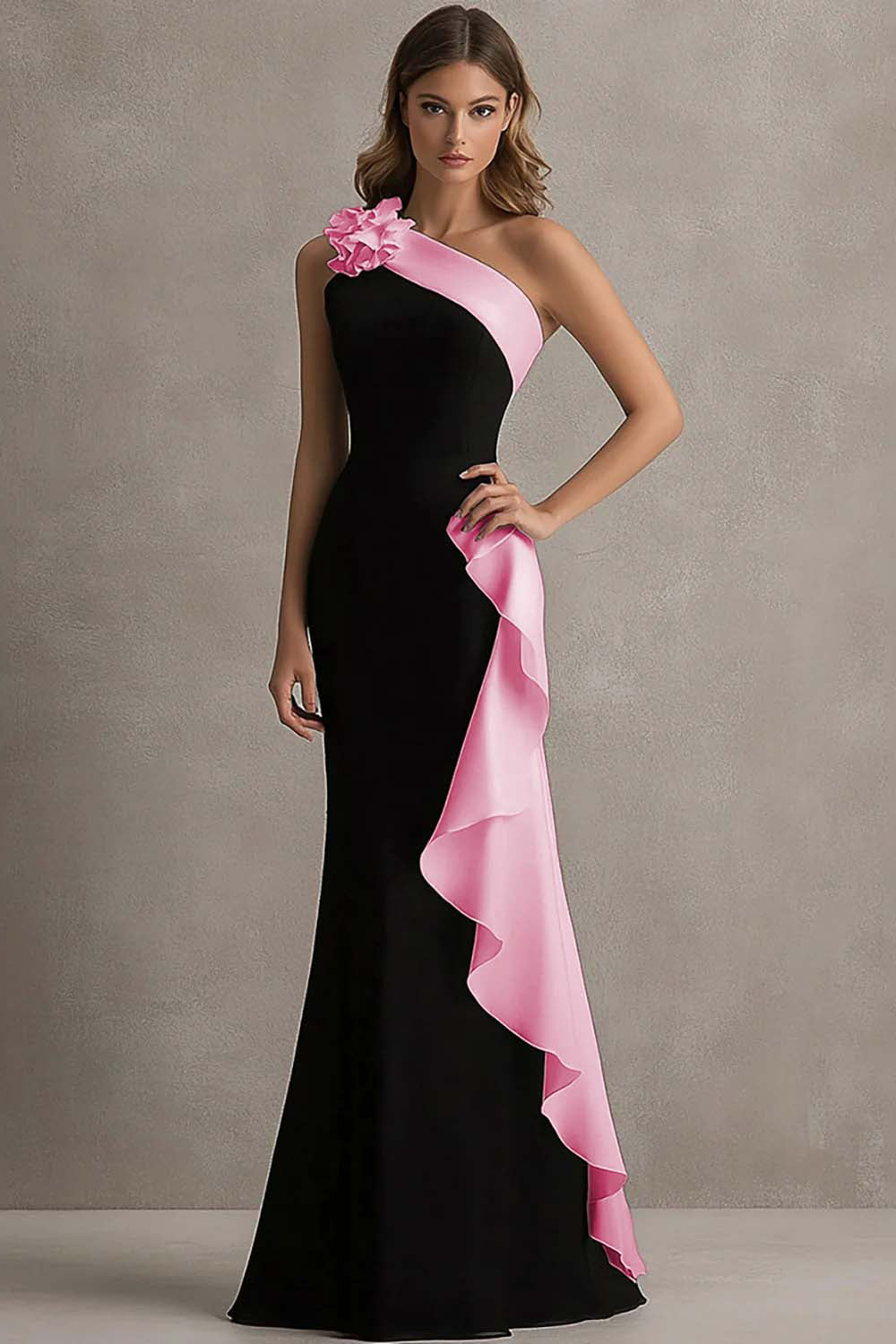Black and Blue Mermaid One Shoulder Ruffled Formal Dress with 3D Flower