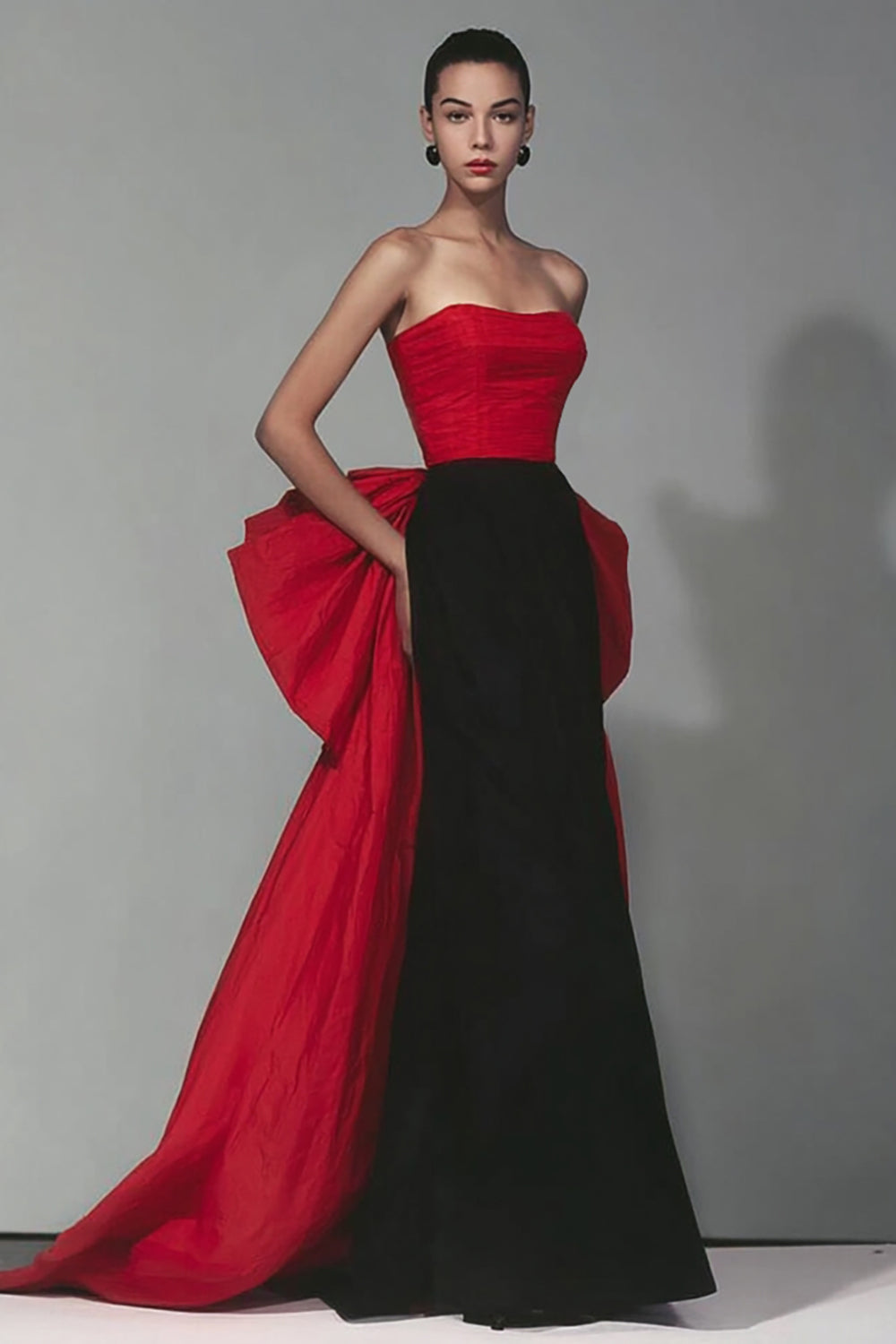 Black and Red Strapless Mermaid Long Formal Dress with Bow