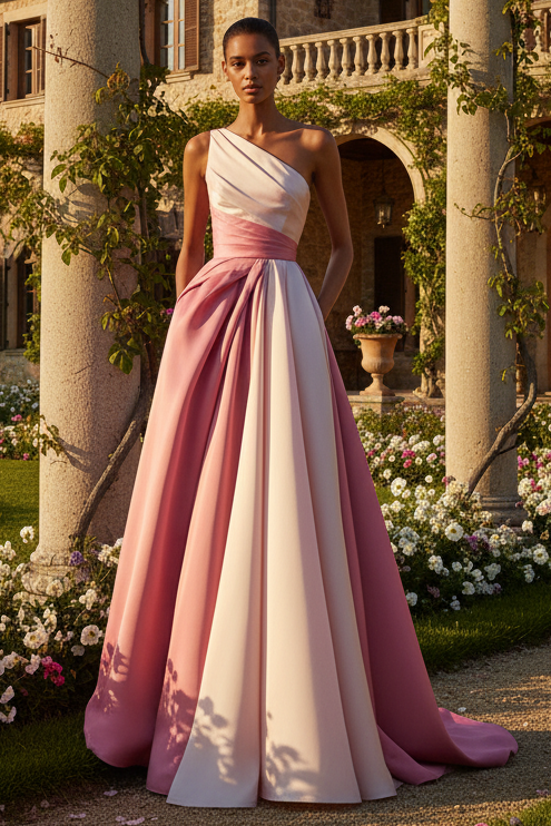 Pink Colorblock A-Line One Shoulder Formal Dress