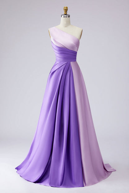 Pink Colorblock A-Line One Shoulder Formal Dress