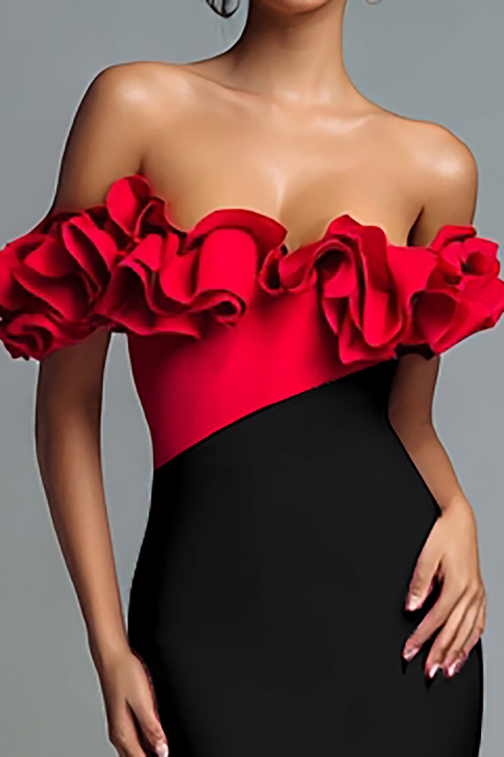 Black and Red Mermaid Ruffled Off the Shoulder Long Formal Dress with Slit